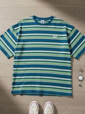 Vintage 90’s Reebok Men's Green and Blue Striped Tee